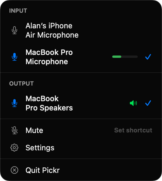 Pickr menu — showing input and output device lists with live level meter